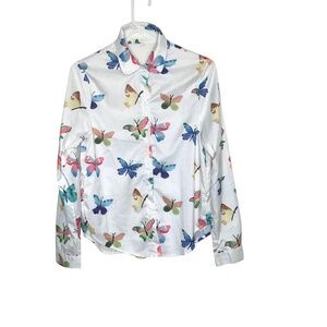 Butterfly Print Button Down Shirt | White Long Sleeve Blouse